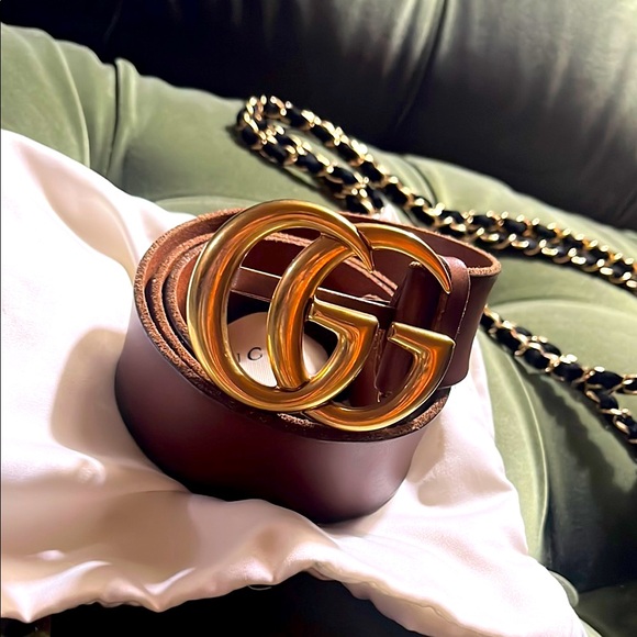 Auth GUCCI Gold & Brown Leather MARMONT Belt.. pristine condition! - Picture 1 of 5